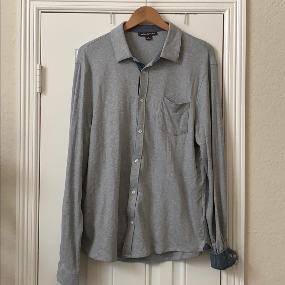 Michael Kors Mens Gray Long Sleeve Knit Button Down Shirt Size XL